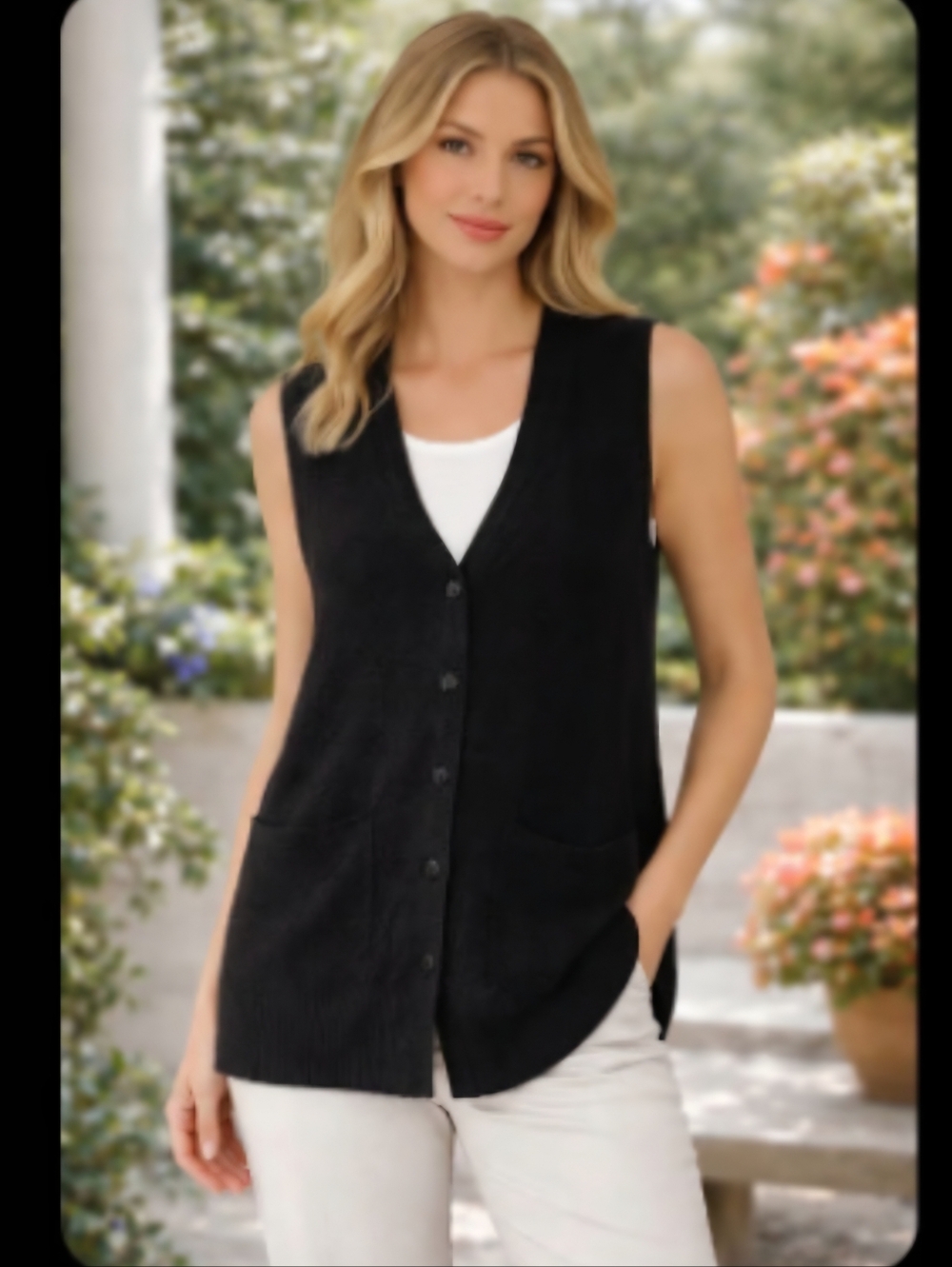 Eileen Fisher Black Sleeveless V-Neck Button Front Long Cardigan Vest Wool XS